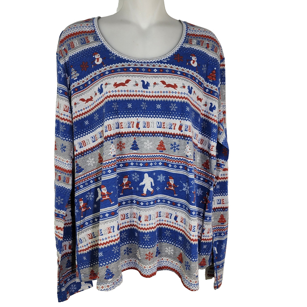 Brooks T-Shirt Womens XXL Blue Run Merry Distance Graphic Christmas Snow Long